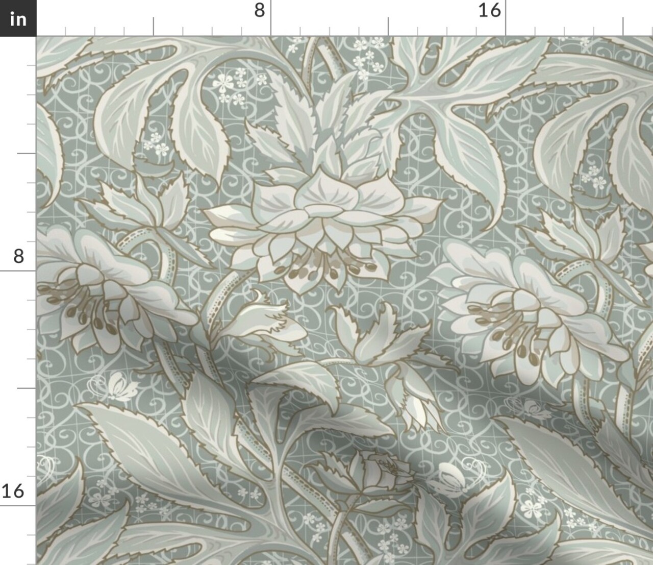 Pale Green Antique Victorian Sage Hellebore Arts And Crafts Floral Neutral Art Nouveau Large Scale Damask Botanical Custom Printed Fabric by Spoonflower Various Fabrics by the Yard or Fat Quarter